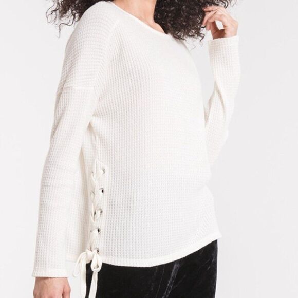 Z Supply Tops - Z Supply Top Women's Thermal Waffle Knit Boho Laced Side Ties Oversized Cozy XS